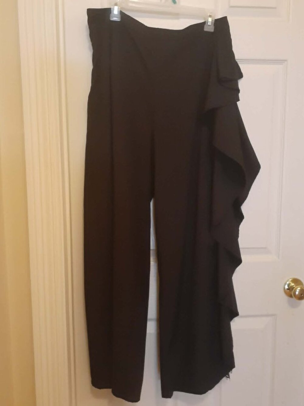 One Side Ruffle Trim Wide Leg Black Pants